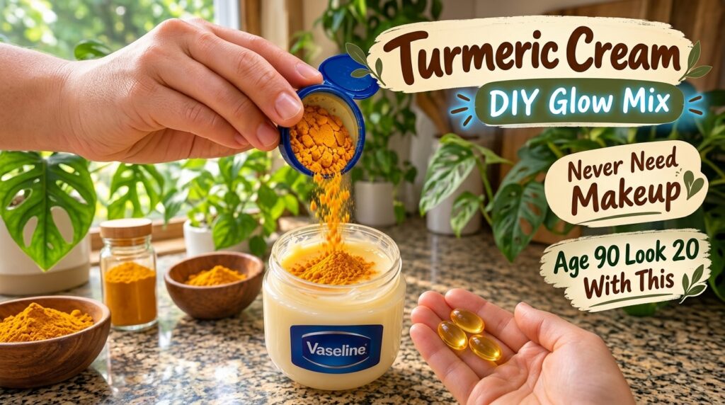 Hands preparing DIY turmeric cream pouring turmeric powder into Vaseline with vitamin E capsules nearby