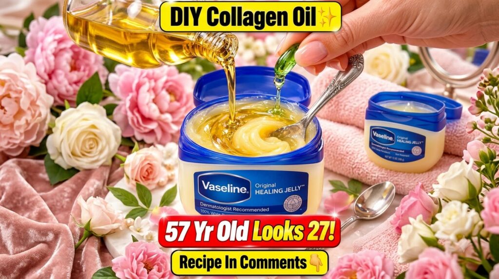 A close-up of a Vaseline Healing Jelly tub with golden almond oil and green vitamin E oil being poured into it while a s