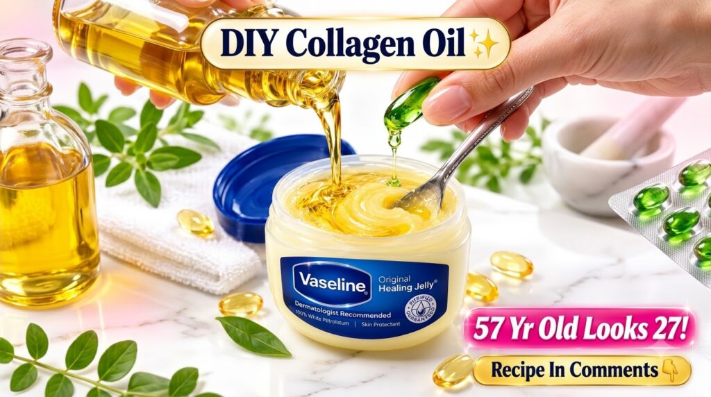 A close-up of a jar of Vaseline Healing Jelly with golden oil being poured into it from a small bottle and a green Vitam