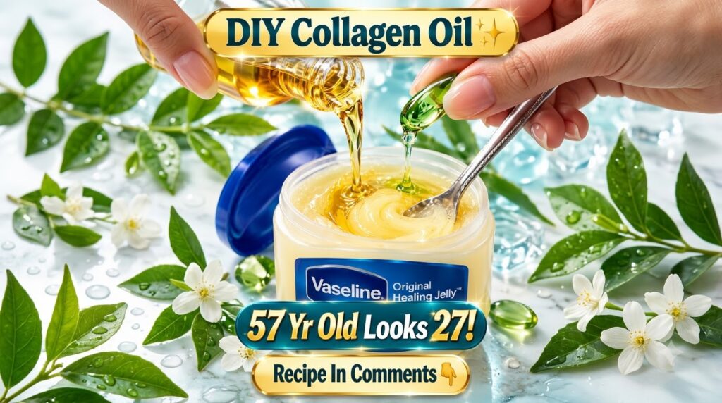 A close-up of Vaseline Original Healing Jelly being mixed with sweet almond oil and a squeezed green Vitamin E capsule A