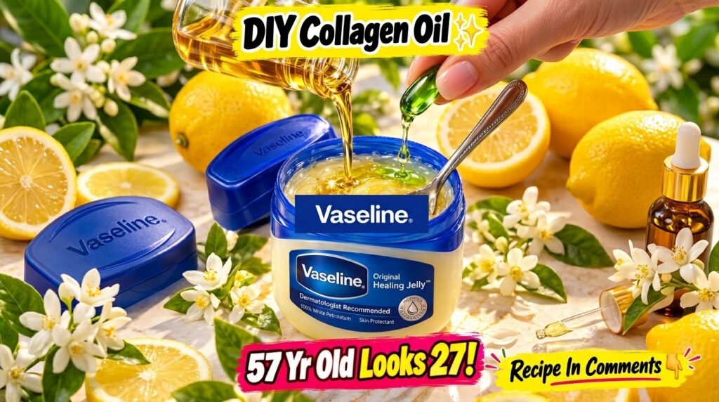A close-up overhead shot of a Vaseline jar being mixed with golden oil and liquid from a green capsule with a spoon in t
