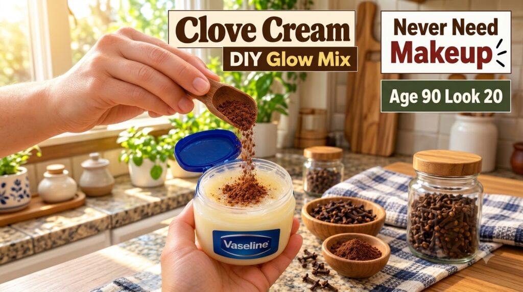 Hands mixing fine ground cloves into a jar of petroleum jelly with a wooden spoon with whole cloves in bowls in the back