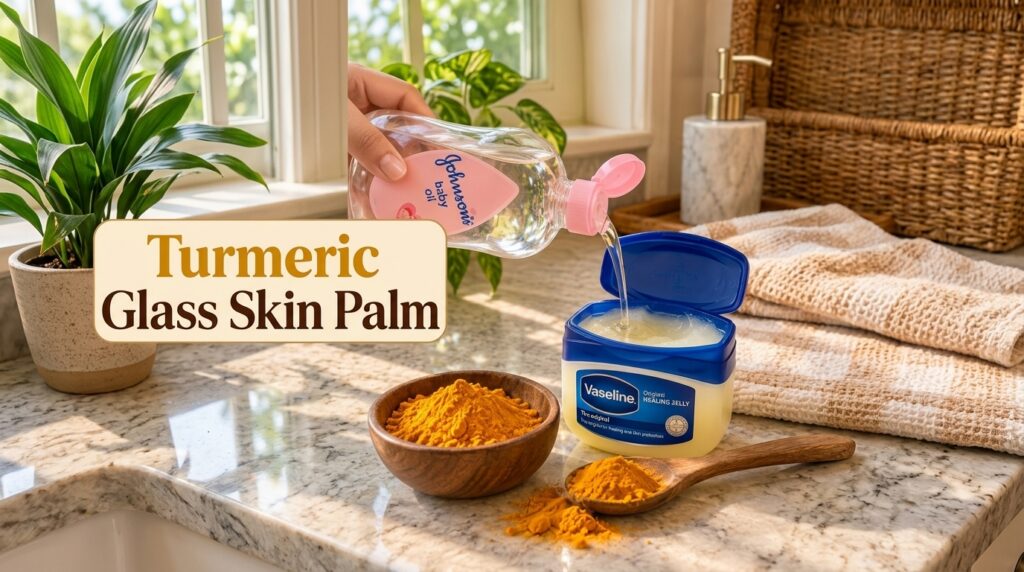A close-up overhead view of ingredients being prepared for a beauty balm with a hand pouring Johnson s baby oil into a t