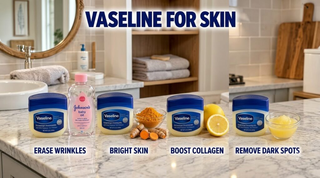 A visual representation of Vaseline Original Healing Jelly tubs alongside various natural ingredients like lemon turmeri