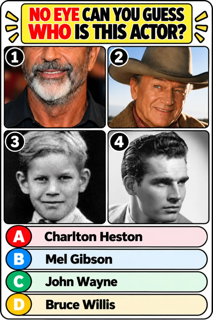 A quiz image with a banner asking NO EYE CAN YOU GUESS WHO IS THIS ACTOR showing partial images of actors including Mel 