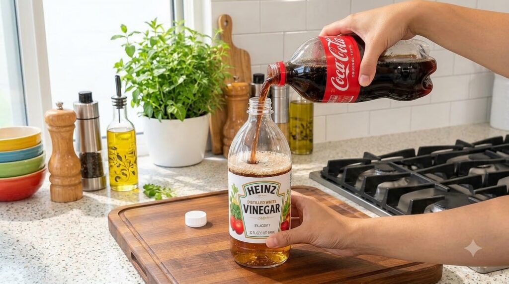 A hand pouring Coca-Cola into a clear bottle of white vinegar in a kitchen setting