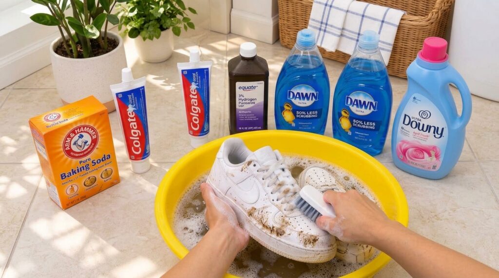 A person s hands cleaning a dirty white sneaker in a yellow basin with a small brush surrounded by cleaning products lik