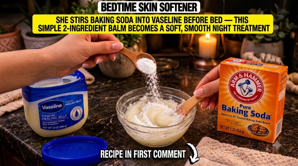 Hands mixing baking soda into Vaseline in a clear glass bowl with Vaseline container and baking soda box in the backgrou