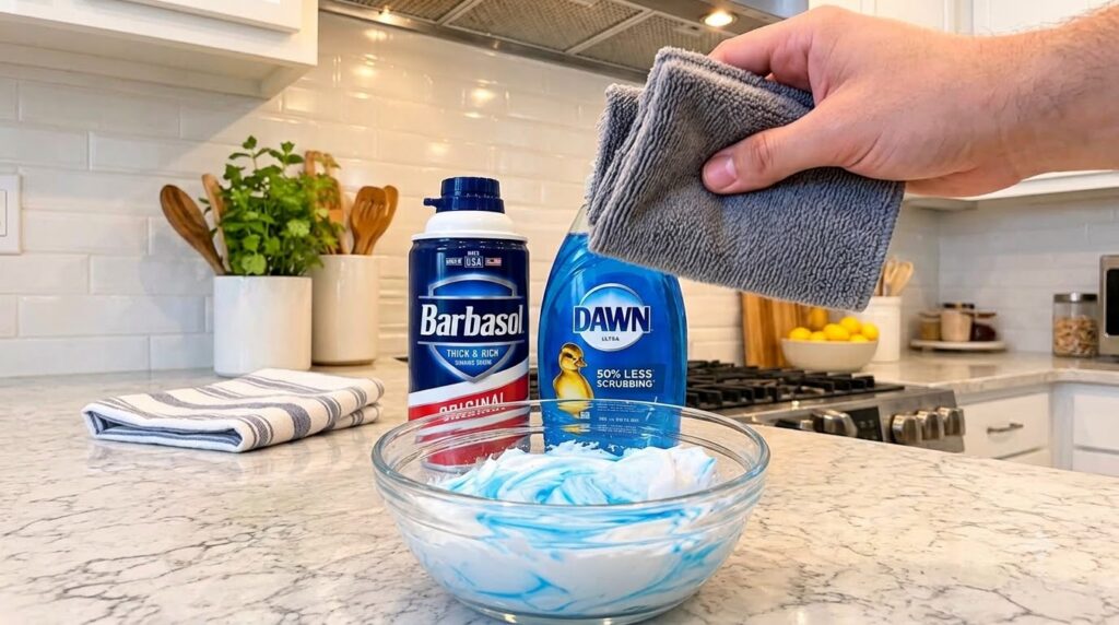 A clear glass bowl on a kitchen counter containing a mixture of white shaving cream and blue dish soap with a can of sha