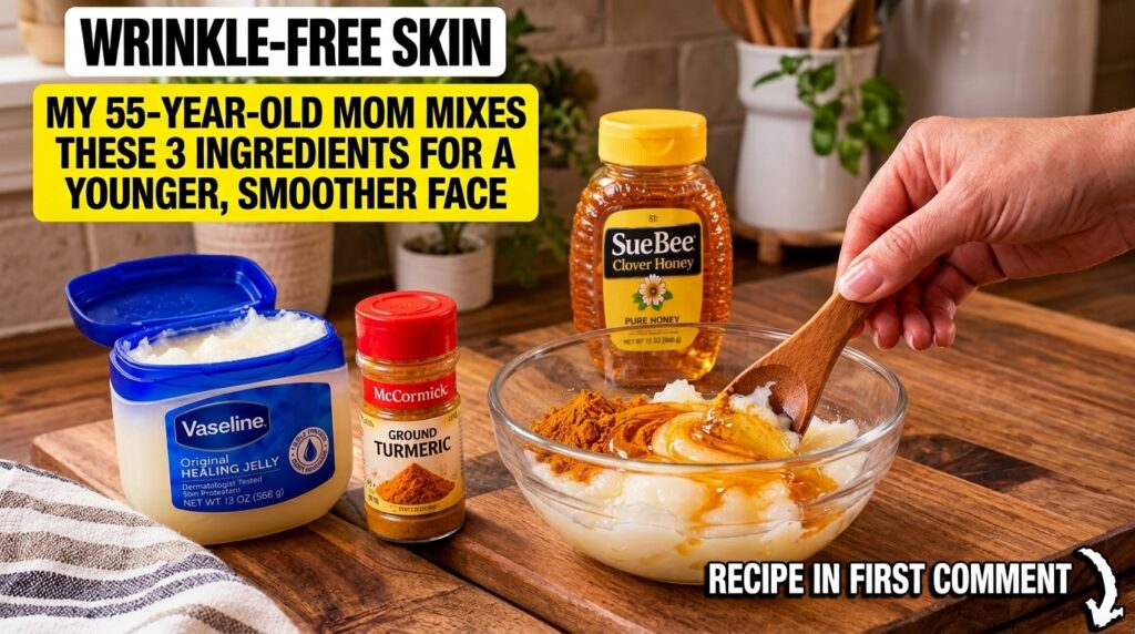 A hand stirring a mixture of Vaseline ground turmeric and honey in a glass bowl with ingredients like Vaseline honey and