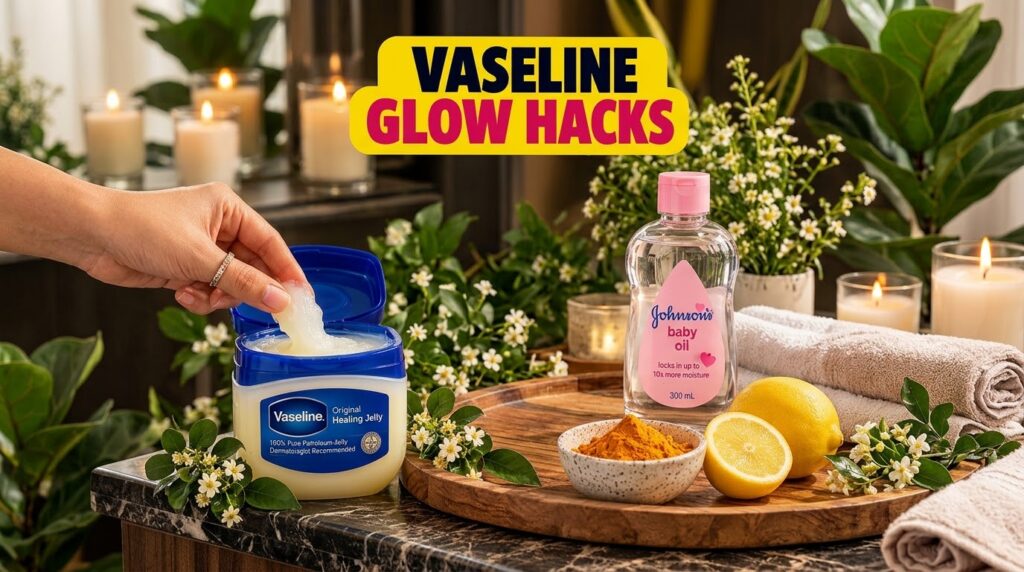A collection of beauty ingredients a jar of Vaseline a bottle of baby oil a bowl of turmeric powder and sliced lemons al