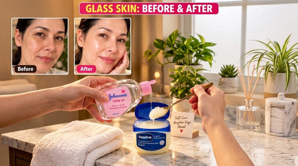 Before and after comparison of a woman s face showing glass skin effect Below a hand pours Johnson s Baby Oil into a jar