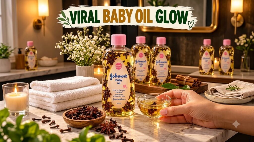 A bottle of baby oil infused with star anise and cloves surrounded by other beauty items on a marble surface