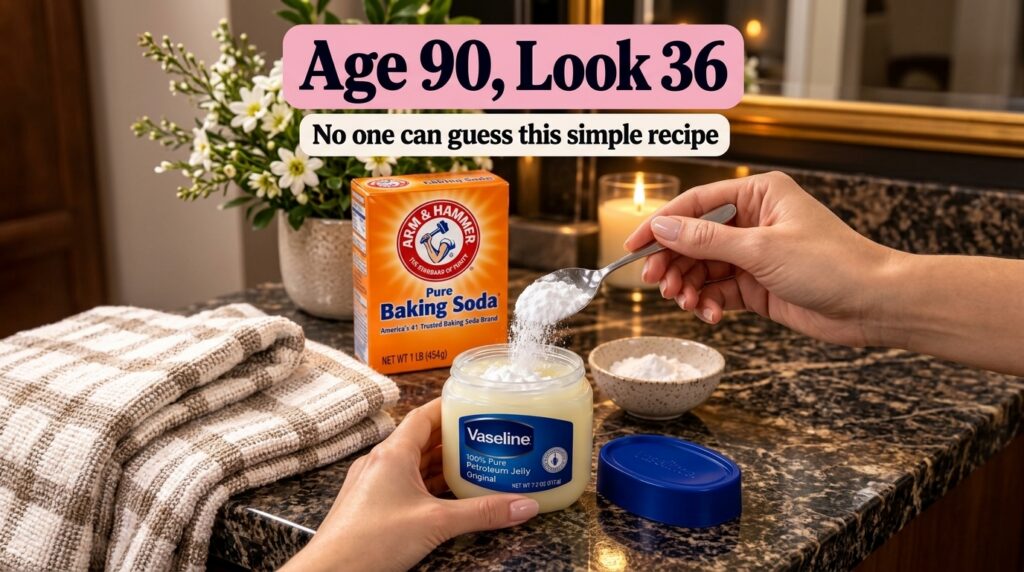 A person s hands mixing white baking soda from a spoon into a jar of Vaseline petroleum jelly on a dark countertop