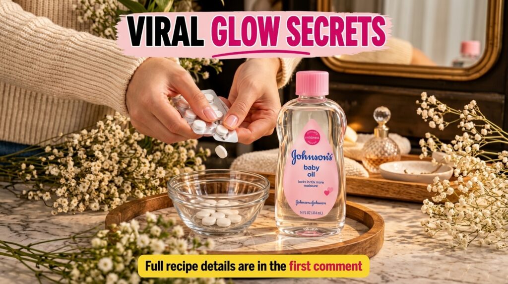 Hands dispensing pills from a blister pack into a clear glass bowl with a bottle of Johnson s Baby Oil next to it on a m