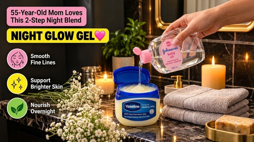 A hand pouring Johnson s baby oil into an open tub of Vaseline Original Healing Jelly on a dark marble countertop surrou