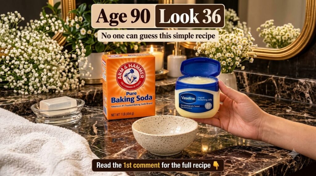 A home remedy setup on a dark marble surface featuring a box of baking soda an open jar of Vaseline and an empty mixing