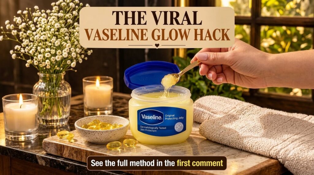 A tub of Vaseline Original Protecting Jelly with a hand scooping out the jelly with a golden spoon surrounded by golden 