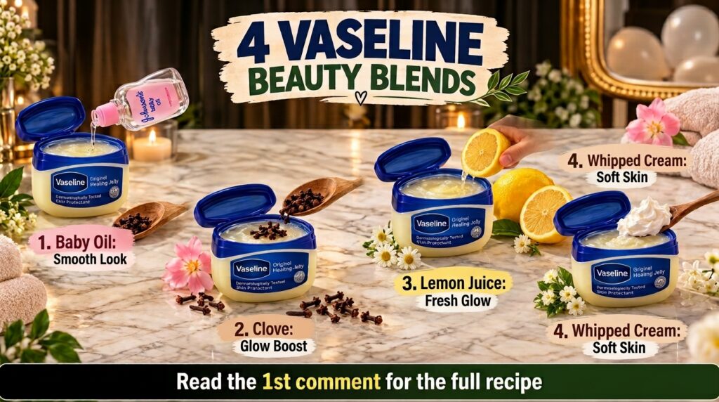 A visual representation of four DIY beauty blends each using Vaseline Original Healing Jelly as a base mixed with baby o