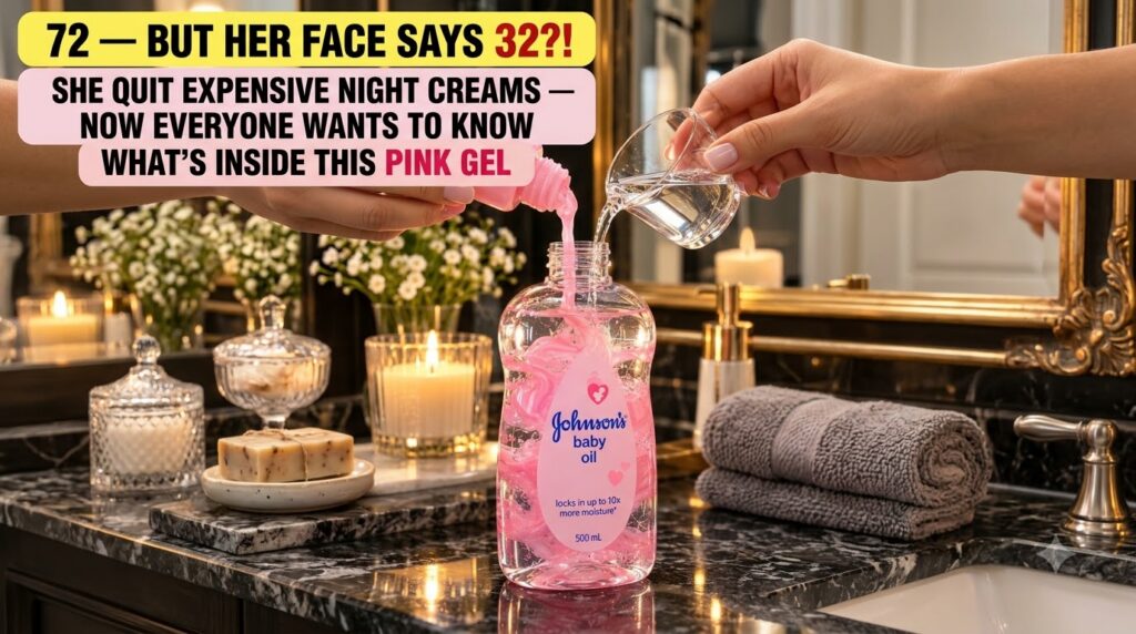 Hands pouring pink gel and clear liquid into a Johnson s Baby Oil bottle creating an iridescent mix with a soft-focus ba
