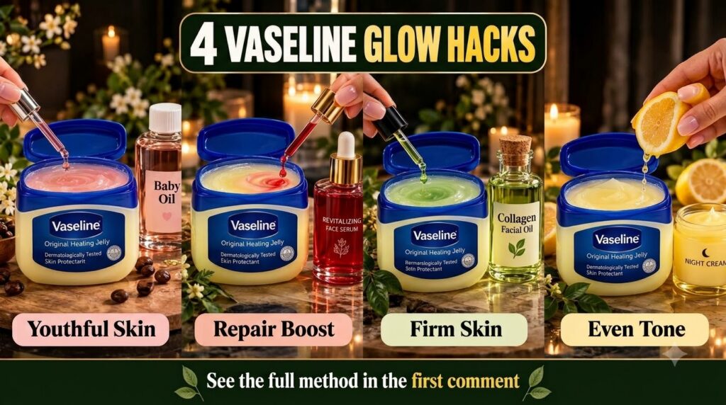 A collage of four Vaseline glow hacks showing hands mixing Vaseline with different ingredients like vitamin E oil aloe v