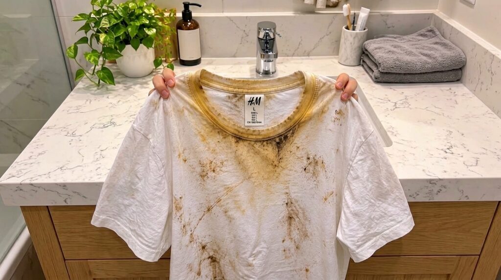 A person s hands holding up a heavily stained white H M t-shirt against a blurred bathroom backdrop The shirt is covered
