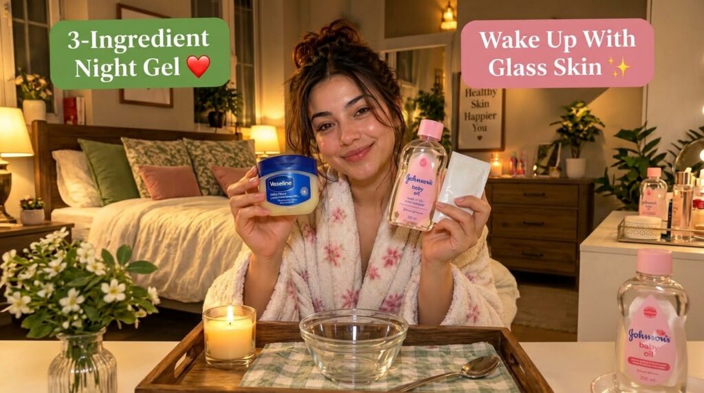 A smiling young woman in a cozy bathrobe holding up three skincare products Vaseline Johnson s baby oil and a sachet of