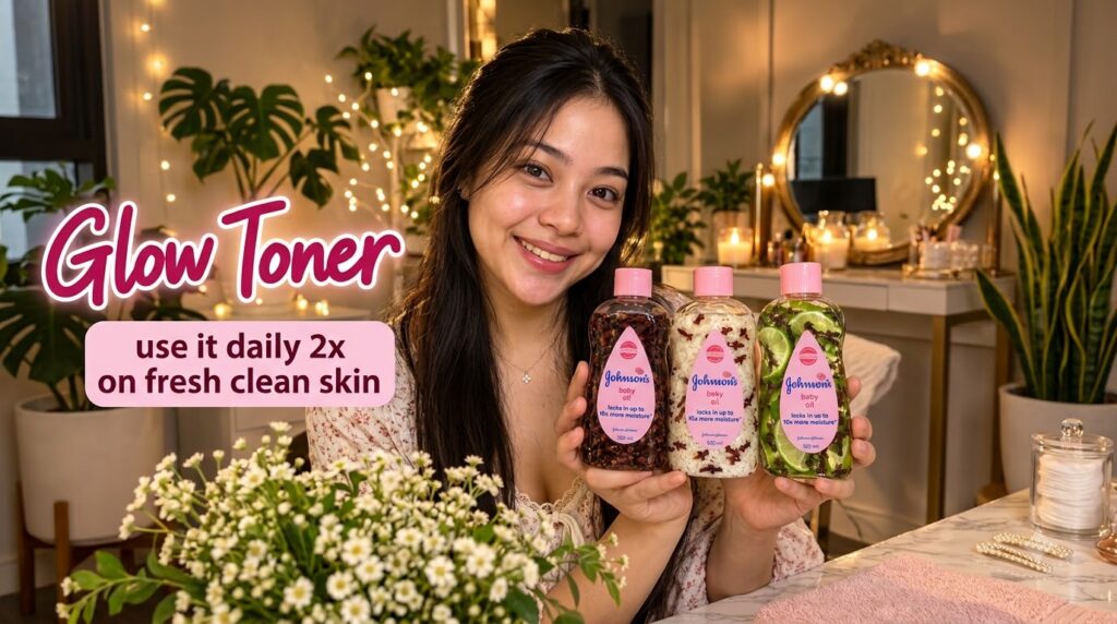 A smiling young woman holding three clear bottles of Johnson s baby oil each infused with different natural ingredients 