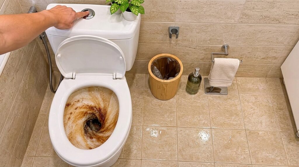 A top-down view of a white toilet with a hand pressing the flush button The toilet bowl is filled with a swirling foamy 