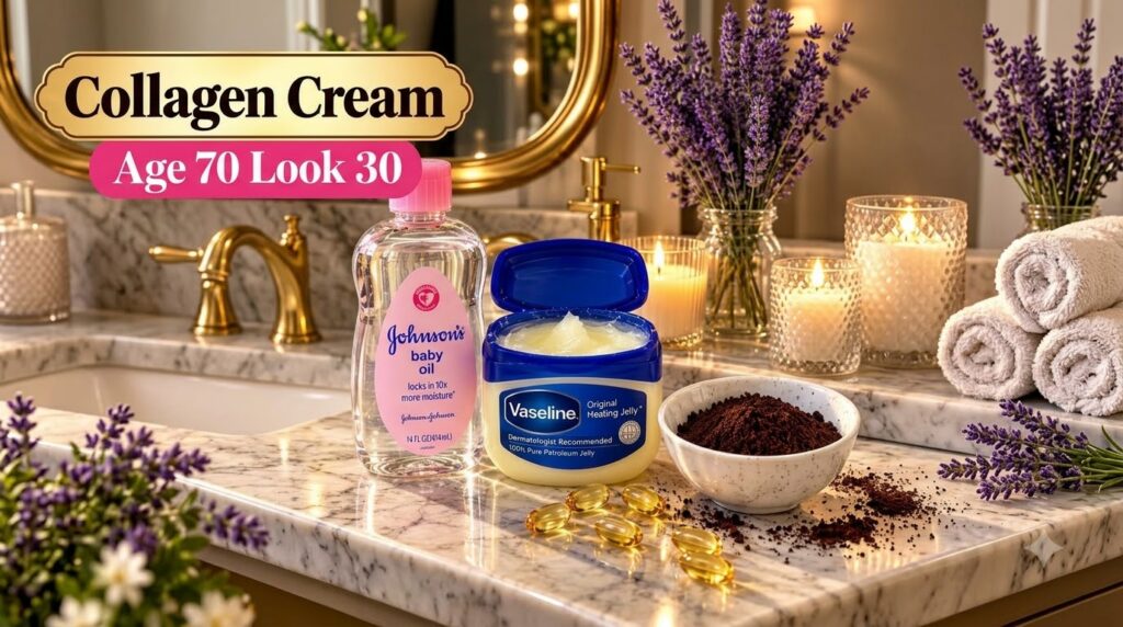 A serene skincare setup on a marble vanity with Johnson s baby oil an open jar of Vaseline a bowl of coffee grounds and 