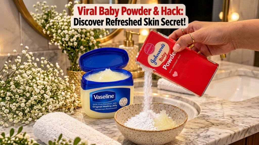 A hand pouring baby powder into a bowl containing Vaseline petroleum jelly with an open tub of Vaseline nearby in a soft