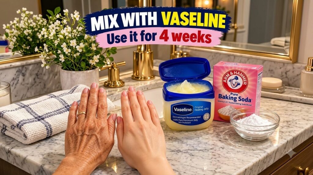 A top-down view of a marble countertop with an open jar of Vaseline a box of Arm Hammer Baking Soda and a small bowl of 