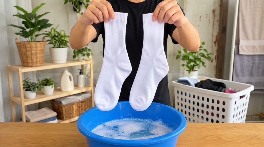 A person s hands holding up two pristine white socks above a blue basin filled with frothy soapy water hinting at a dome