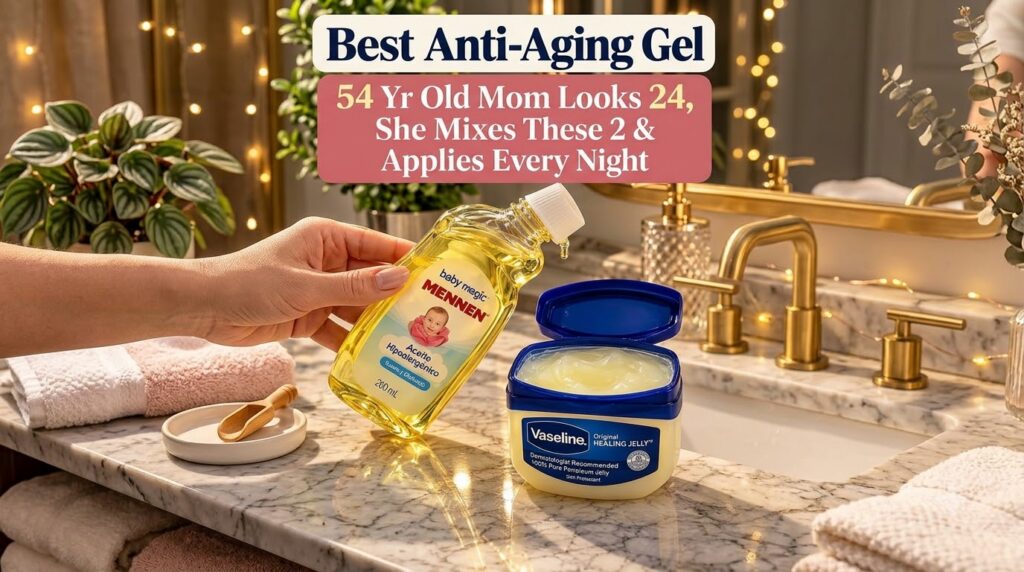 A hand pouring baby oil from a bottle next to an open jar of Vaseline Original Healing Jelly both on a reflective marble