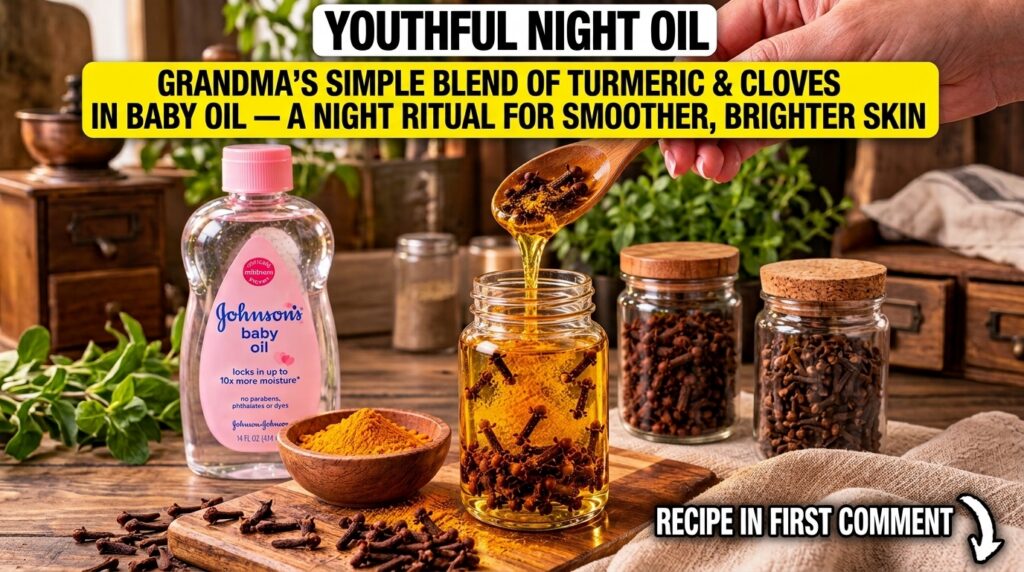 A clear glass jar filled with golden oil cloves and turmeric with a wooden spoon pouring more oil and ingredients into i