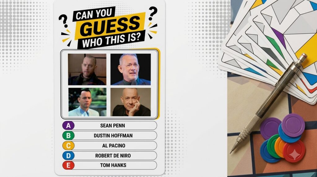 A quiz image showing four different still images of actor Tom Hanks from various roles arranged in a grid with multiple-