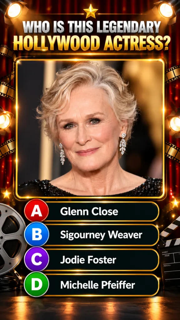 Portrait of actress Glenn Close in a black sequined top with large sparkling drop earrings framed within a golden border