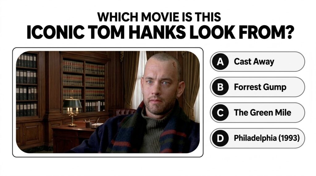 A still image of actor Tom Hanks with a shaved head a small scar on his forehead and an intense expression wearing a thi