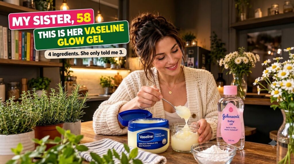 A smiling woman mixing ingredients on a wooden table to create a DIY beauty product with a tub of Vaseline a bottle of J