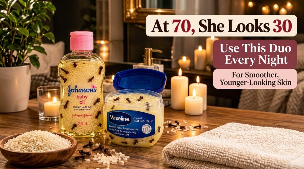 Johnson s baby oil and Vaseline Original Healing Jelly infused with rice grains and whole cloves arranged on a light mar