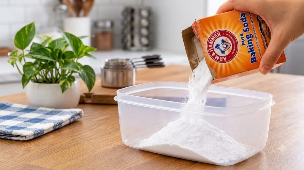 Una mano vertiendo bicarbonato de sodio de su caja naranja en un recipiente transparente que ya contiene polvo con un fo