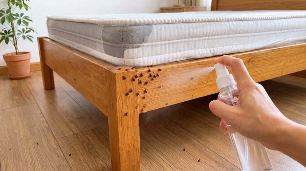 A hand holding a white spray bottle is actively spraying liquid onto an infested wooden bed frame and mattress seam whic