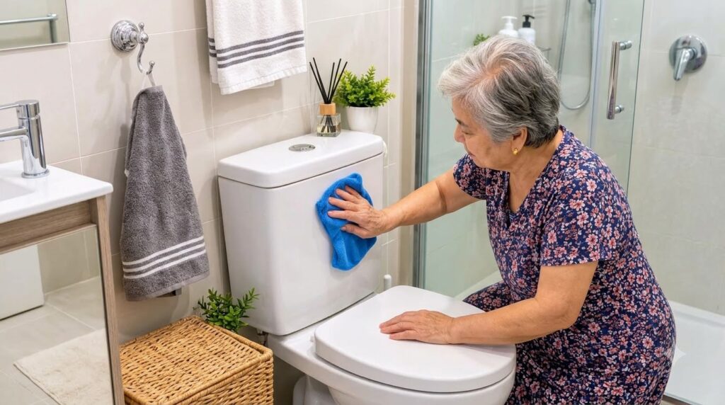 An elderly woman in a floral dress diligently cleaning a white toilet in a modern bathroom Her right hand holding a blue