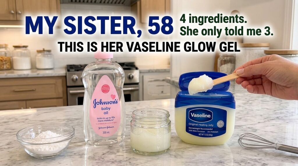 A hand is scooping Vaseline with a wooden spoon into a small glass jar on a marble countertop with other ingredients lik