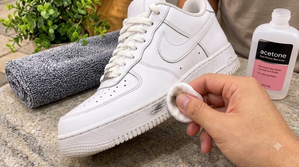 A close-up of a white sneaker being cleaned with acetone A hand is holding a dirty cotton pad scrubbing a dark scuff mar