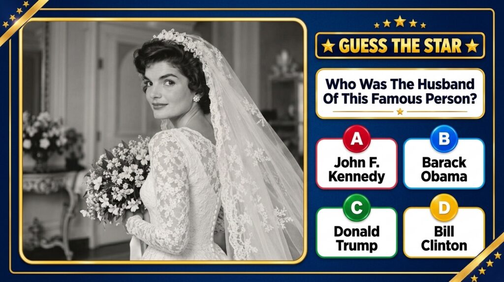 A mobile quiz game interface featuring a black and white portrait of Jacqueline Kennedy Onassis in her wedding dress hol