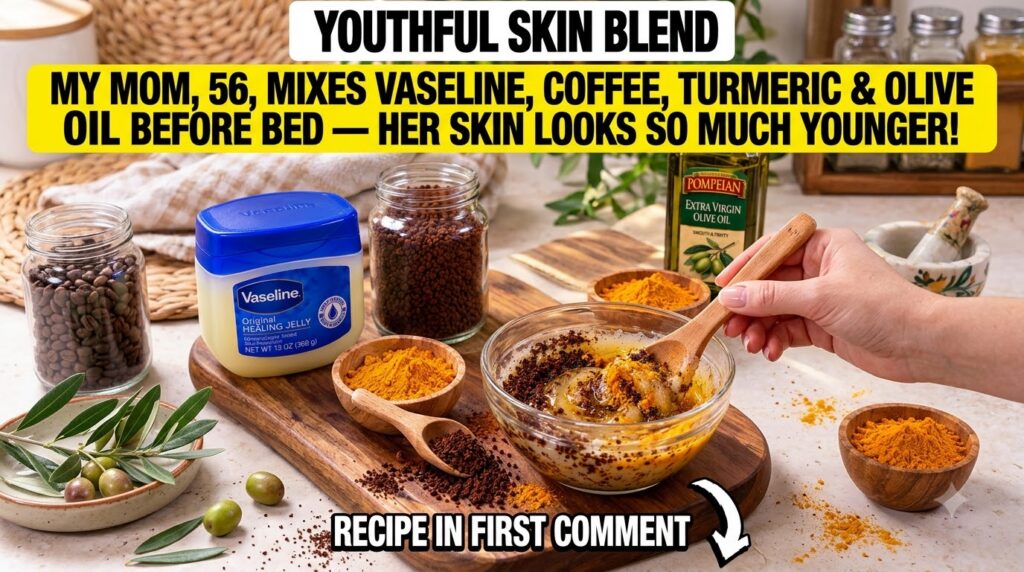 A close-up of a homemade skincare mixture in a clear glass bowl being stirred by a wooden spoon The mixture contains Vas