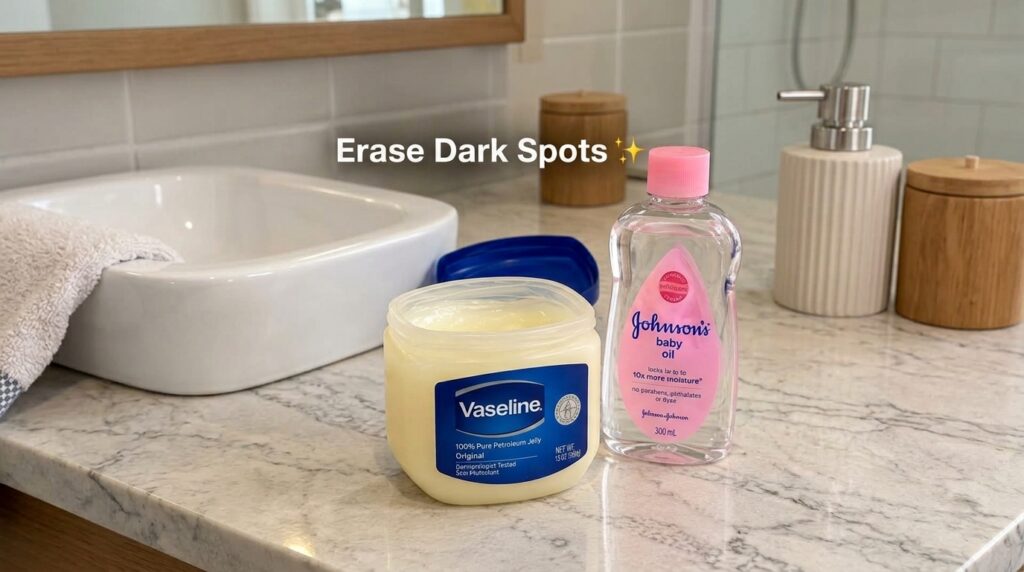 A close-up of an open tub of Vaseline Petroleum Jelly and a bottle of Johnson s Baby Oil on a bathroom countertop