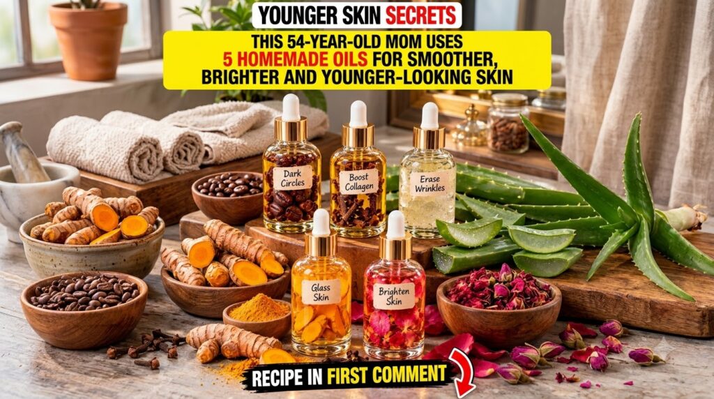 Five small dropper bottles labeled for skin benefits surrounded by natural ingredients like coffee beans cloves turmeric