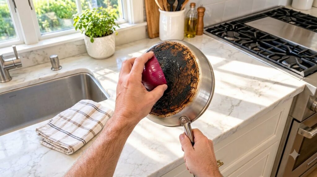 A close-up of hands holding an upside-down burnt stainless steel pan with one hand using half a red onion to rub against